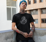 Racer Cat 'Be Nice or Go Away' (white on black) Unisex t-shirt